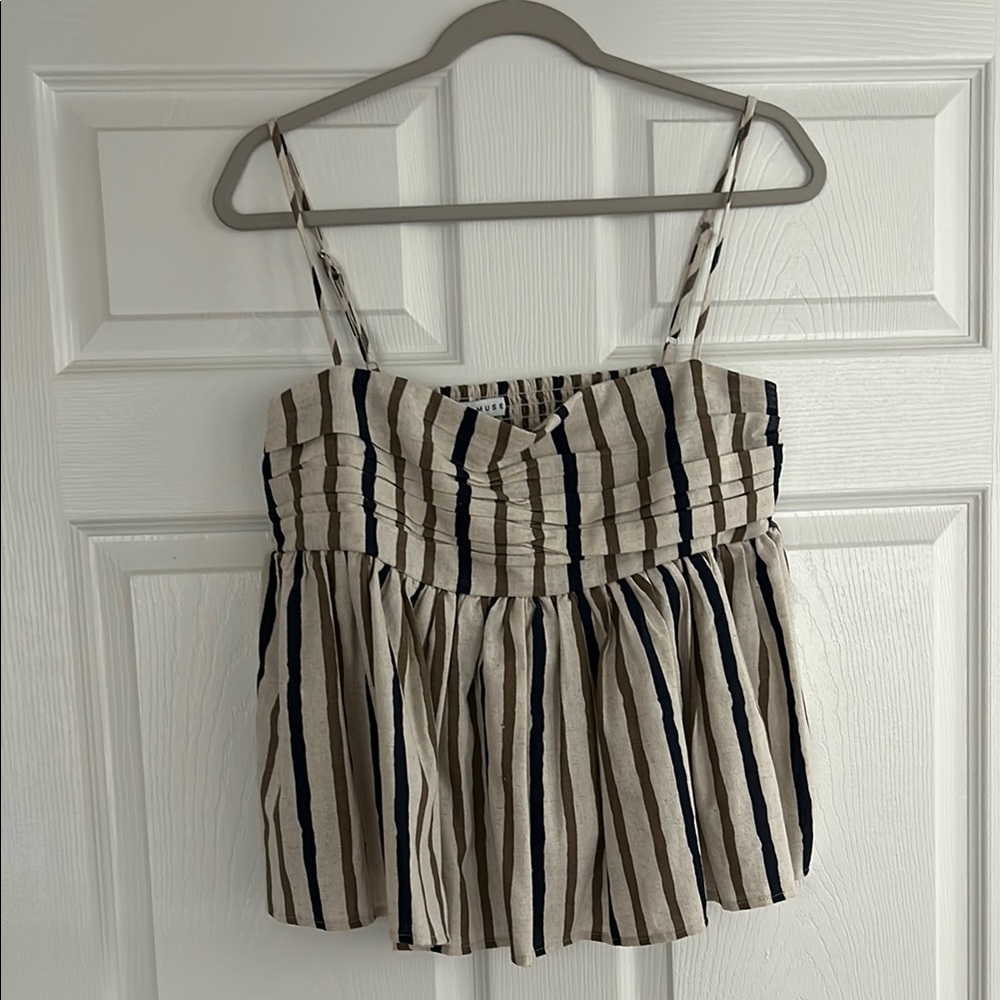 Miou Muse Navy and Tan Striped Crop Tank Top